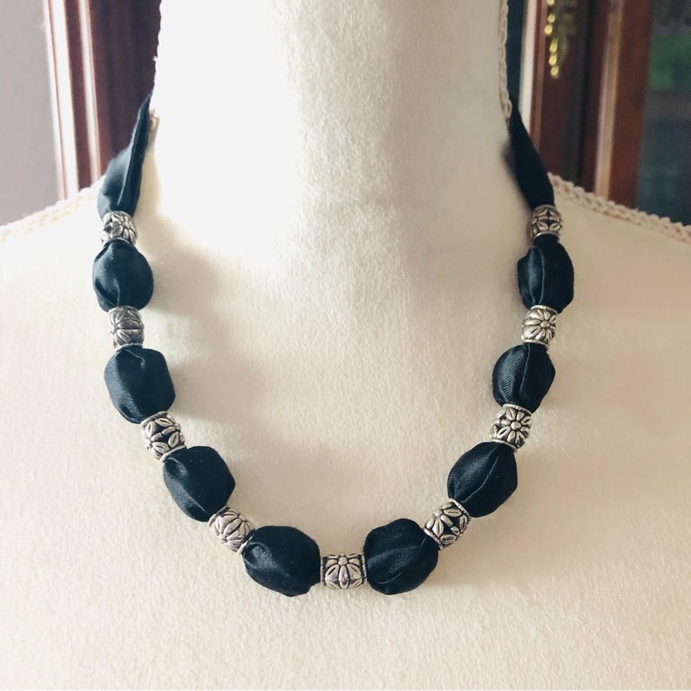 Country Girl black satin fabric covered bead necklace